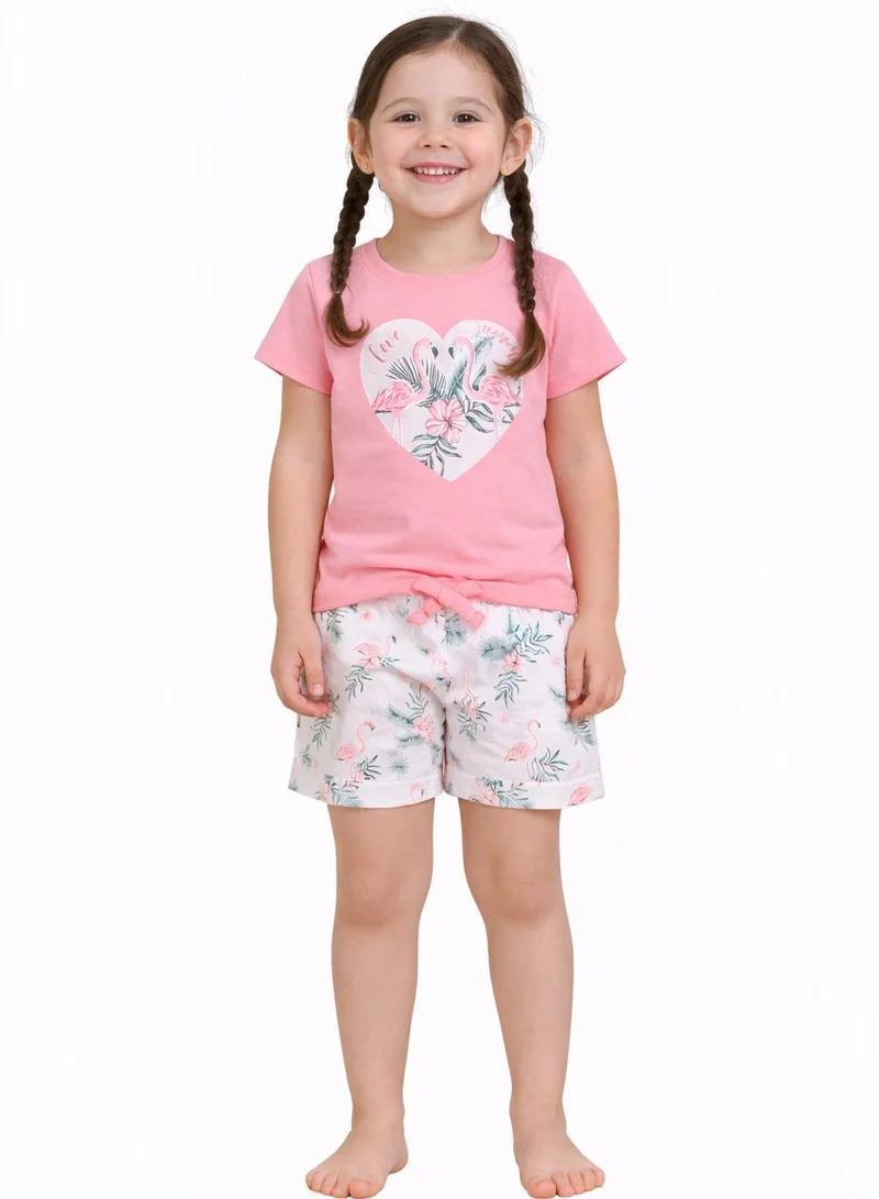 Girls Flamingo Print Cotton Pajama Set – T-Shirt & Shorts Nightwear